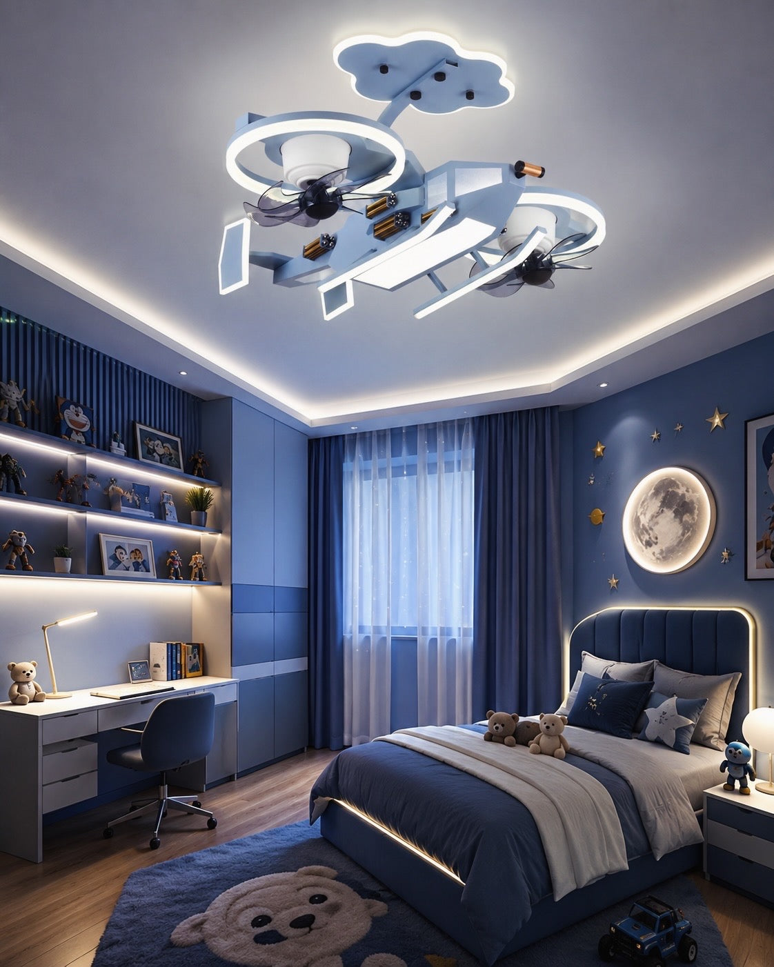 BLUE HELICOPTER DUAL ROTATING BLADE CEILING LIGHT WITH FAN LED CHANDELIER - WARM WHITE